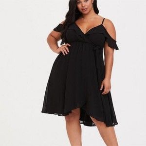 Torrid Mini Chiffon Wrap Dress Black Sz 2X Cold Shoulder Ruffle